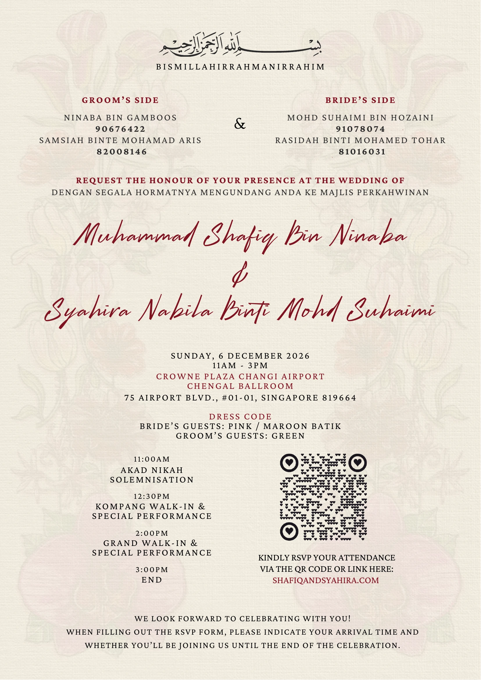 Reverse of the invitation, listing the families, timings, venue and dress code. All of it is repeated as text in the Details section below.