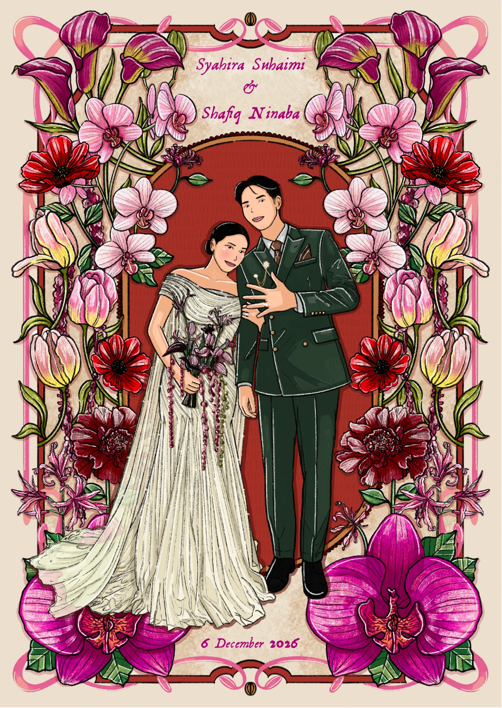 Illustrated wedding invitation: Syahira Suhaimi and Shafiq Ninaba, 6 December 2026, framed by orchids, tulips and anemones.